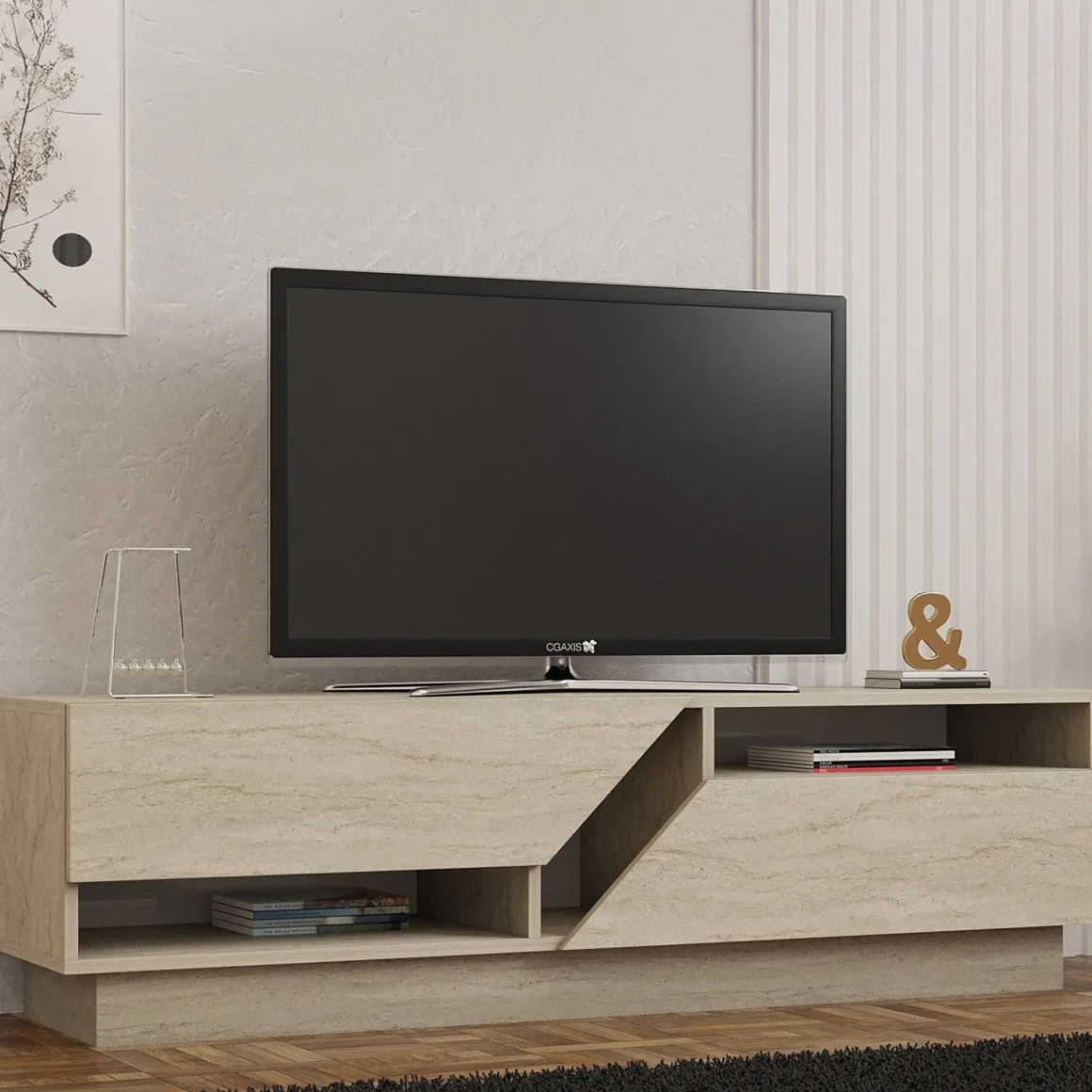 Mobile Porta tv Beige Marmo 2 Ripiani 2 Ante 160x40x45h cm, 5 Vani - Spilinga