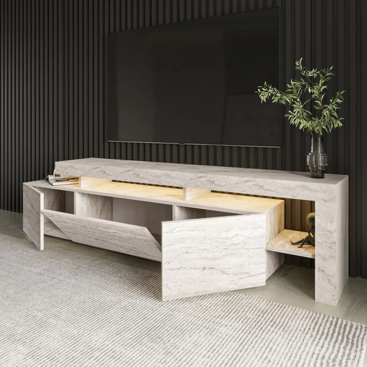 Mobili Porta Tv > Dmora Mobile Porta tv un Ripiano Apertura Battente, a Ribalta 192x37x53h cm, 3 Ante - Trasacco Beige Marmo