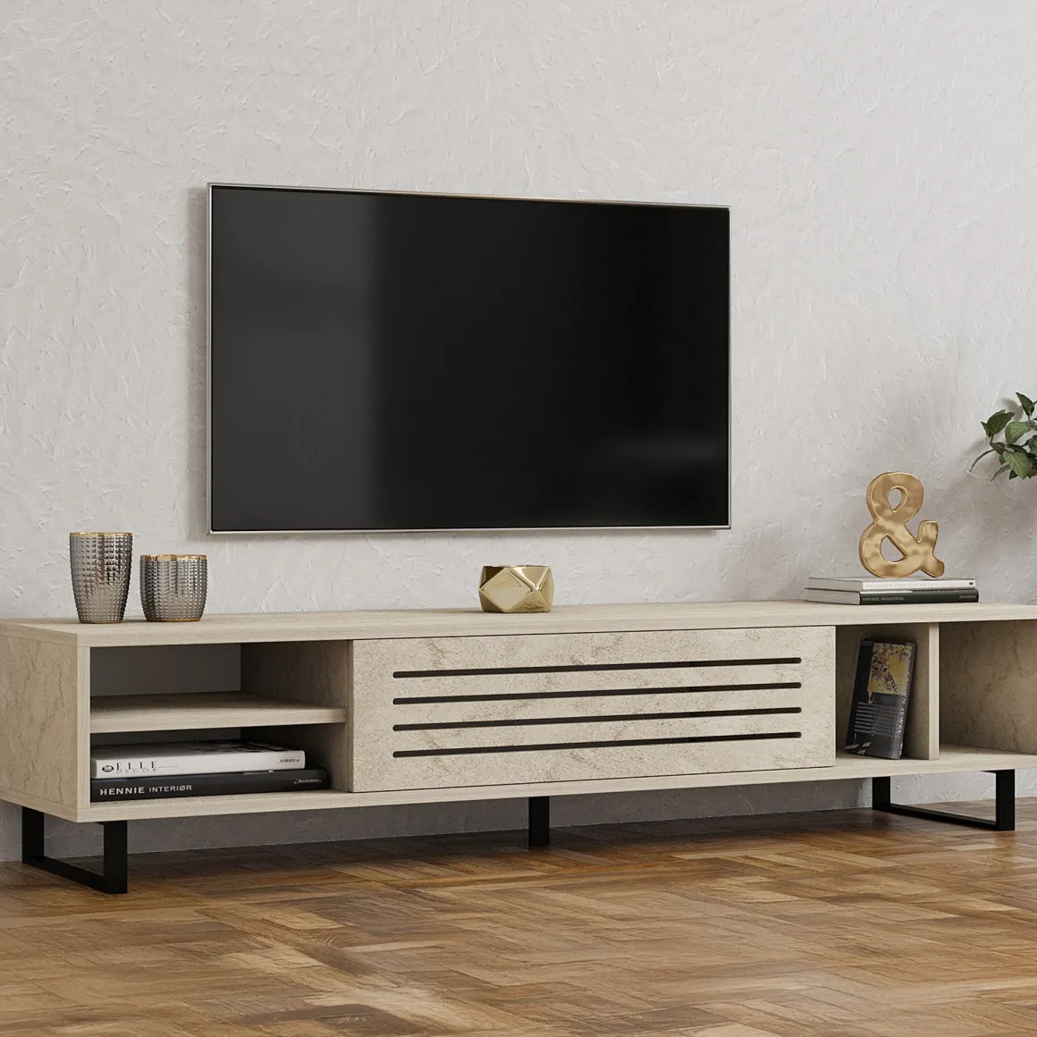 Mobile Porta tv Beige Marmo un Ripiano Un'anta 160x40x35h cm, 5 Vani - Sovico