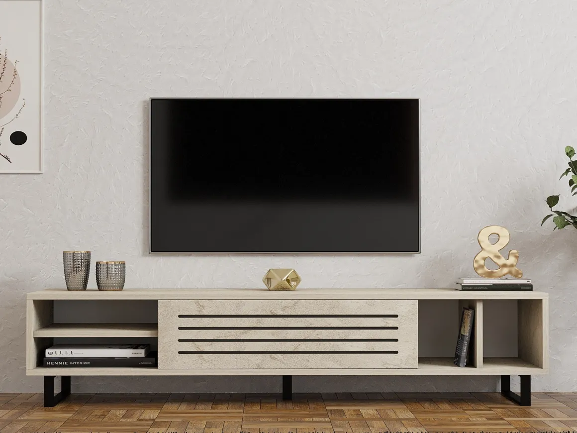 Mobile Porta tv Beige Marmo un Ripiano Un'anta 160x40x35h cm, 5 Vani - Sovico