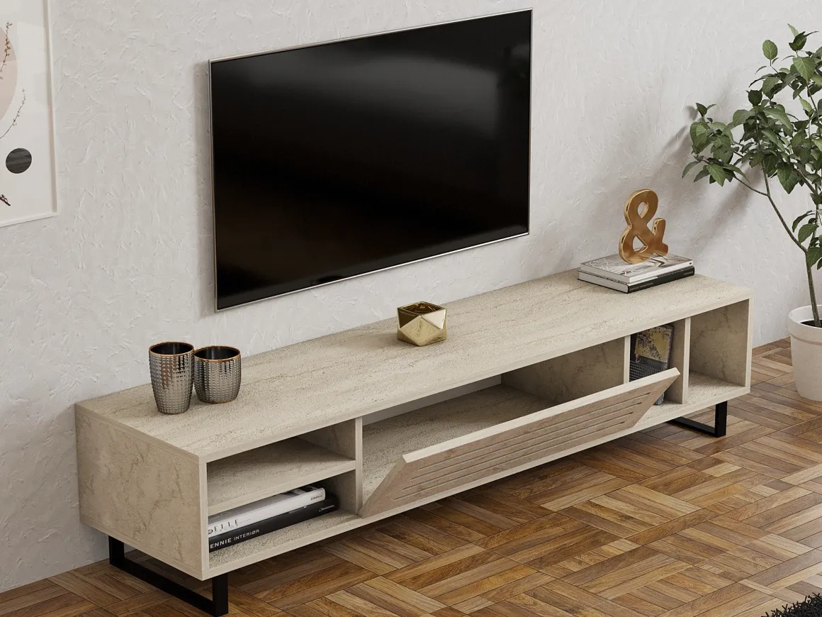 Mobile Porta tv Beige Marmo un Ripiano Un'anta 160x40x35h cm, 5 Vani - Sovico