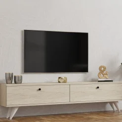 Mobili Porta Tv > Dmora Mobile Porta tv 2 Vani 2 Ante 160x25x40h cm, Apertura a Ribalta - Atestino Beige Marmo
