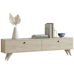 Mobili Porta Tv > Dmora Mobile Porta tv 2 Vani 2 Ante 160x25x40h cm, Apertura a Ribalta - Atestino Beige Marmo