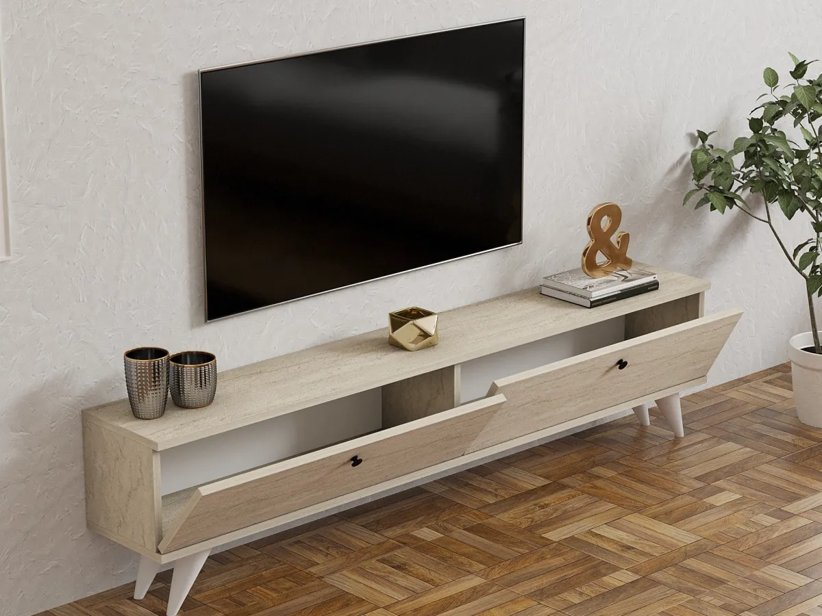Mobili Porta Tv > Dmora Mobile Porta tv 2 Vani 2 Ante 160x25x40h cm, Apertura a Ribalta - Atestino Beige Marmo