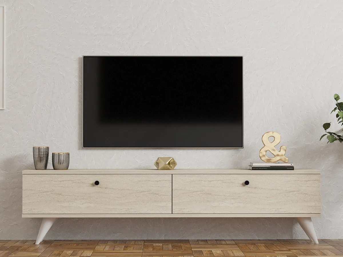 Mobili Porta Tv > Dmora Mobile Porta tv 2 Vani 2 Ante 160x25x40h cm, Apertura a Ribalta - Atestino Beige Marmo