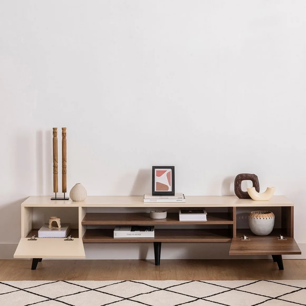 Mobile Porta tv Beige Marrone Noce un Ripiano 4 Vani 180x37x45h cm, 2 Ante - Lei