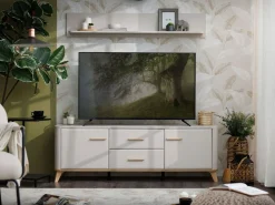 Mobili Porta Tv > Dmora Mobile Porta tv Beige Marrone Rovere 2 Cassetti un Ripiano 154x41.5x50.5h cm, 2 Ante - Paduli Marrone, Beige Rovere