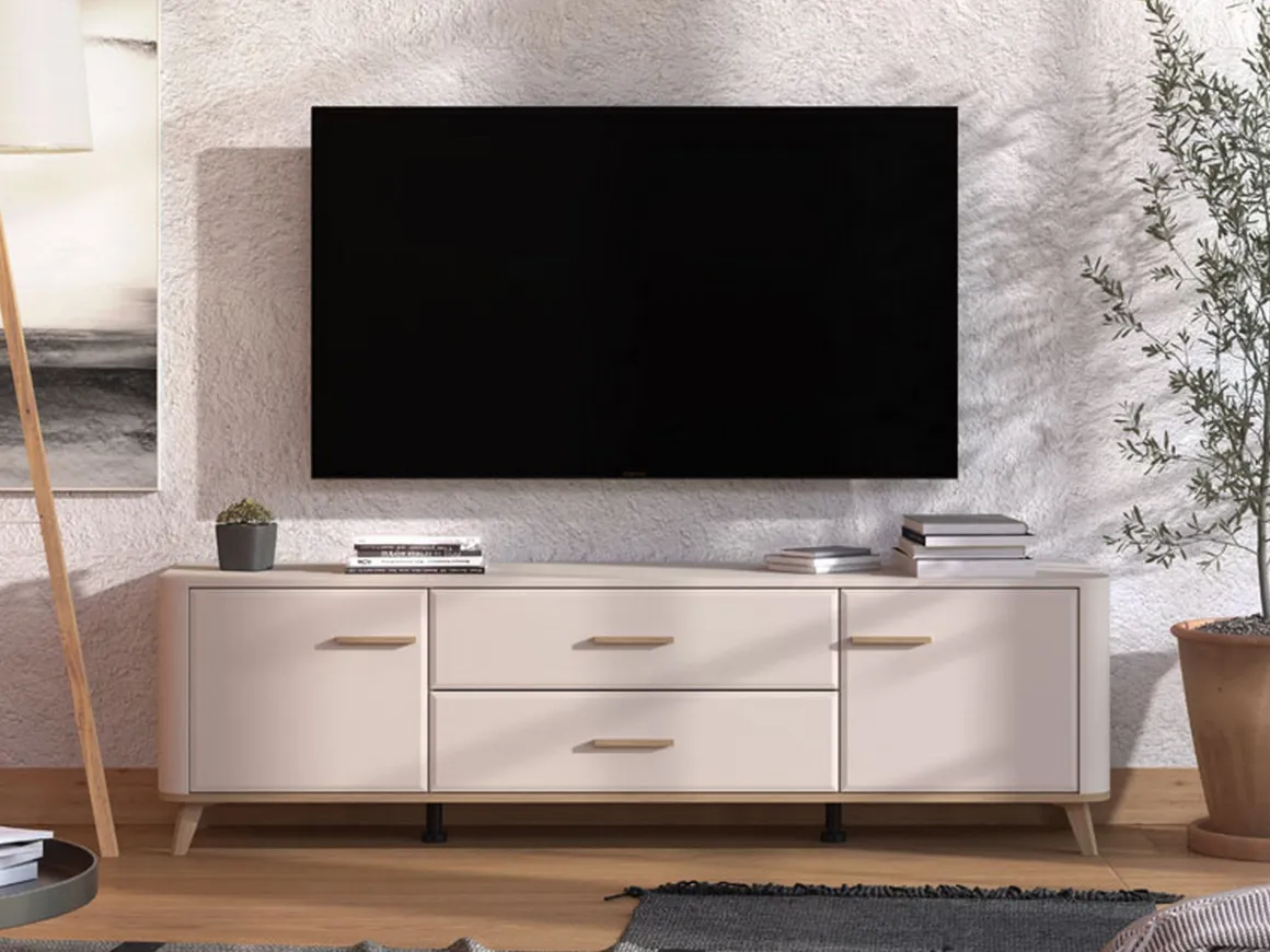 Mobili Porta Tv > Dmora Mobile Porta tv Beige Marrone Rovere 2 Ripiani 2 Ante 137x40x44h cm, Ante Effetto Rigato - Valda Marrone Rovere, Beige