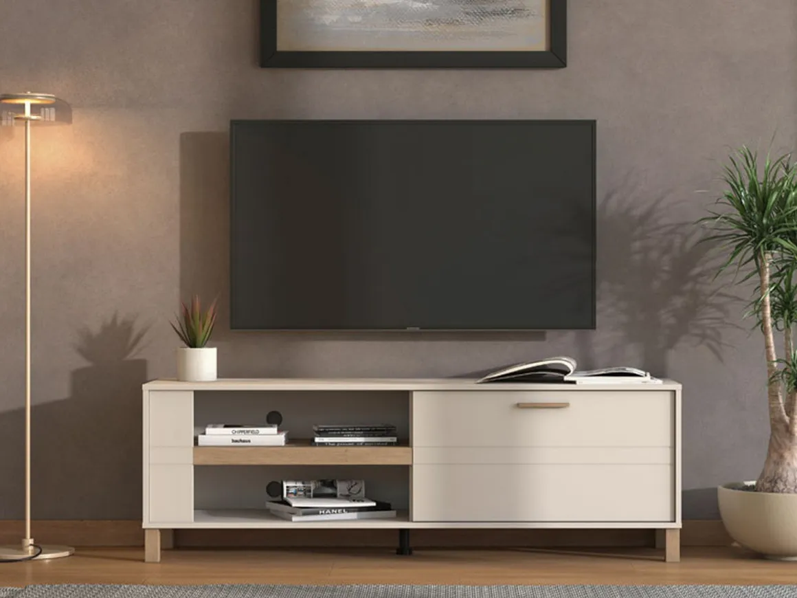 Mobile Porta tv Beige Marrone Rovere 2 Ripiani Un'anta 157x40x52h cm, 3 Vani - Magliolo