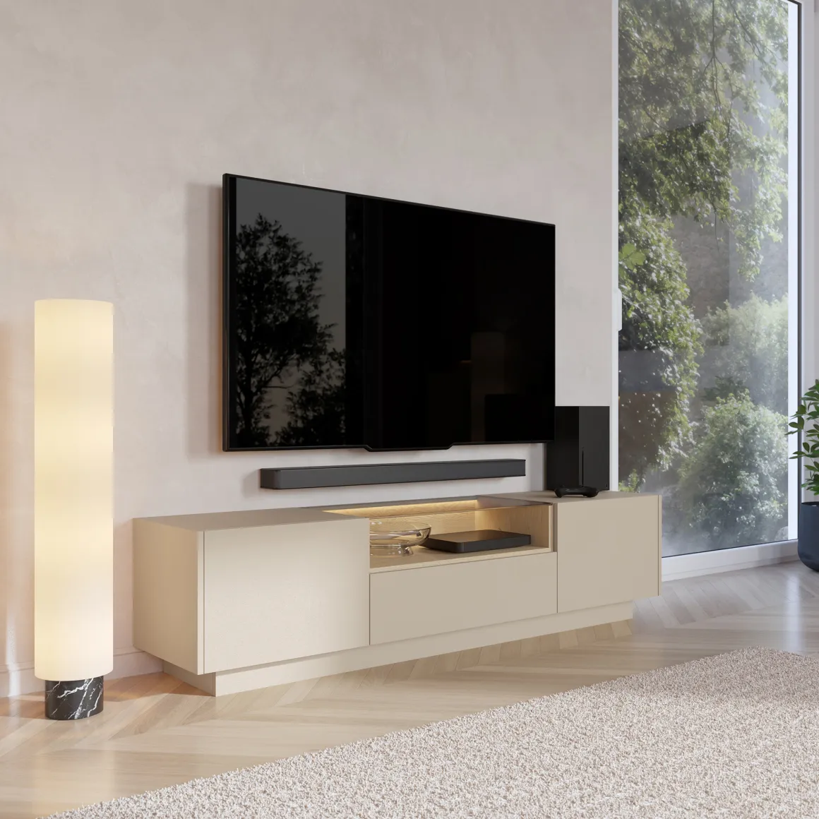 Mobili Porta Tv > Dmora Mobile Porta tv Beige Marrone Rovere un Ripiano 2 Ante 154x41.5x32h cm, 2 Vani - Carcare Marrone, Beige Rovere