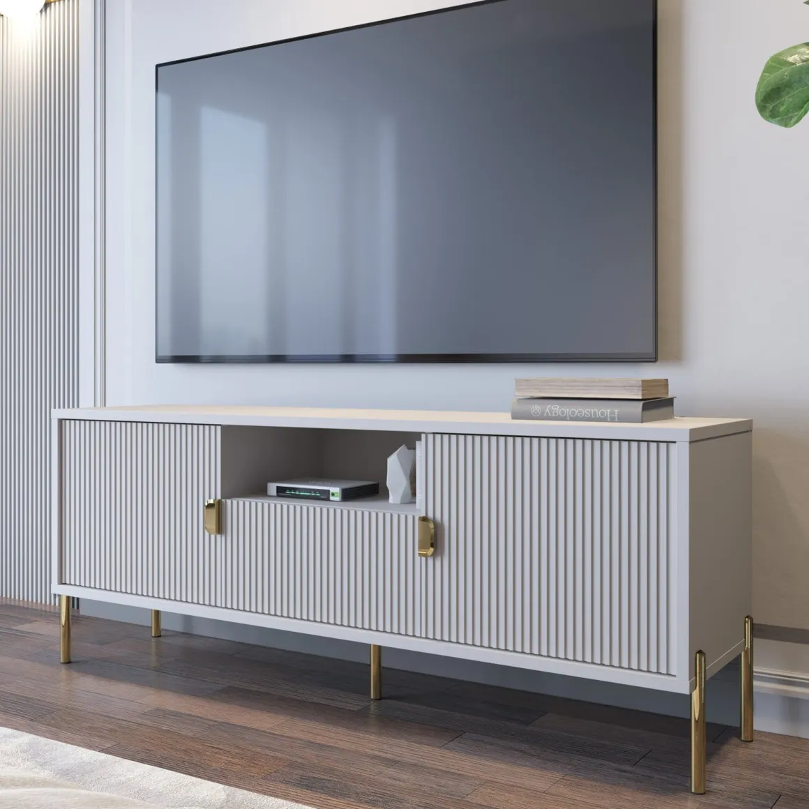 Mobile Porta tv Beige oro un Cassetto Ripiani 155x40x69h cm, 2 Ante - Rabattone
