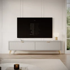 Mobili Porta Tv > Dmora Mobile Porta tv Beige oro un Ripiano 2 Ante 200x38x51h cm, Ante Effetto Rigato con Piedini - Kala Oro, Beige
