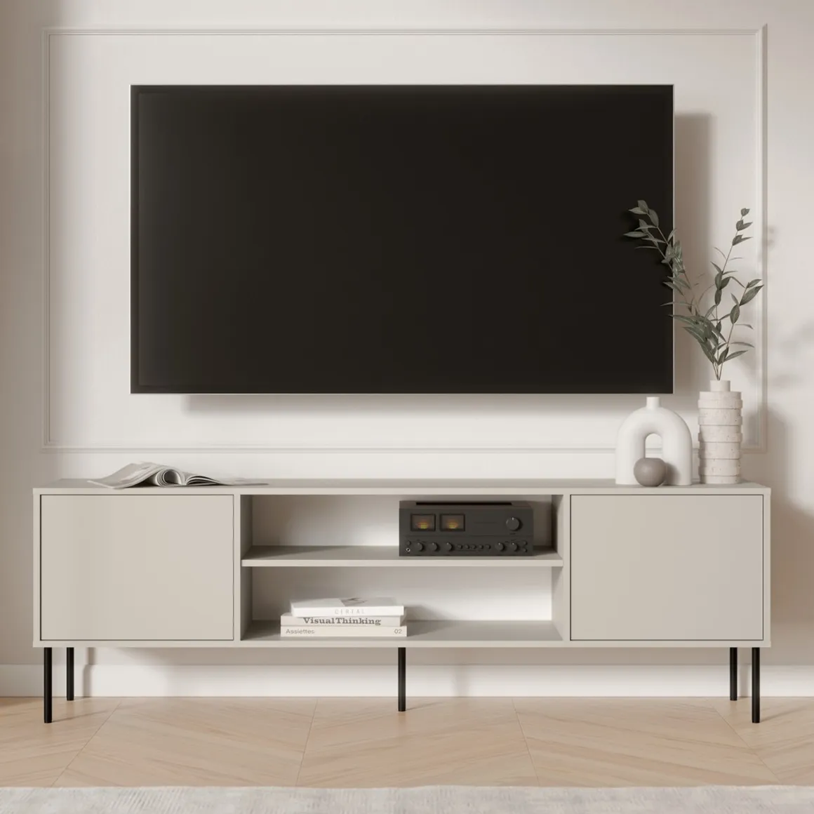 Mobili Porta Tv > Dmora Mobile Porta tv Beige un Ripiano 3 Ante 200x40x60h cm, Anta Dettaglio Vetro - Fiuggi Beige Cashmere