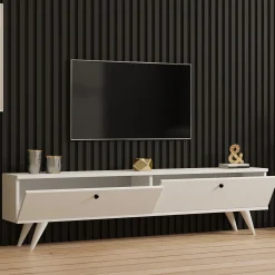 Mobili Porta Tv > Dmora Mobile Porta tv 2 Ante 2 Vani 160x25x40h cm, Apertura a Ribalta - Atestino Bianco
