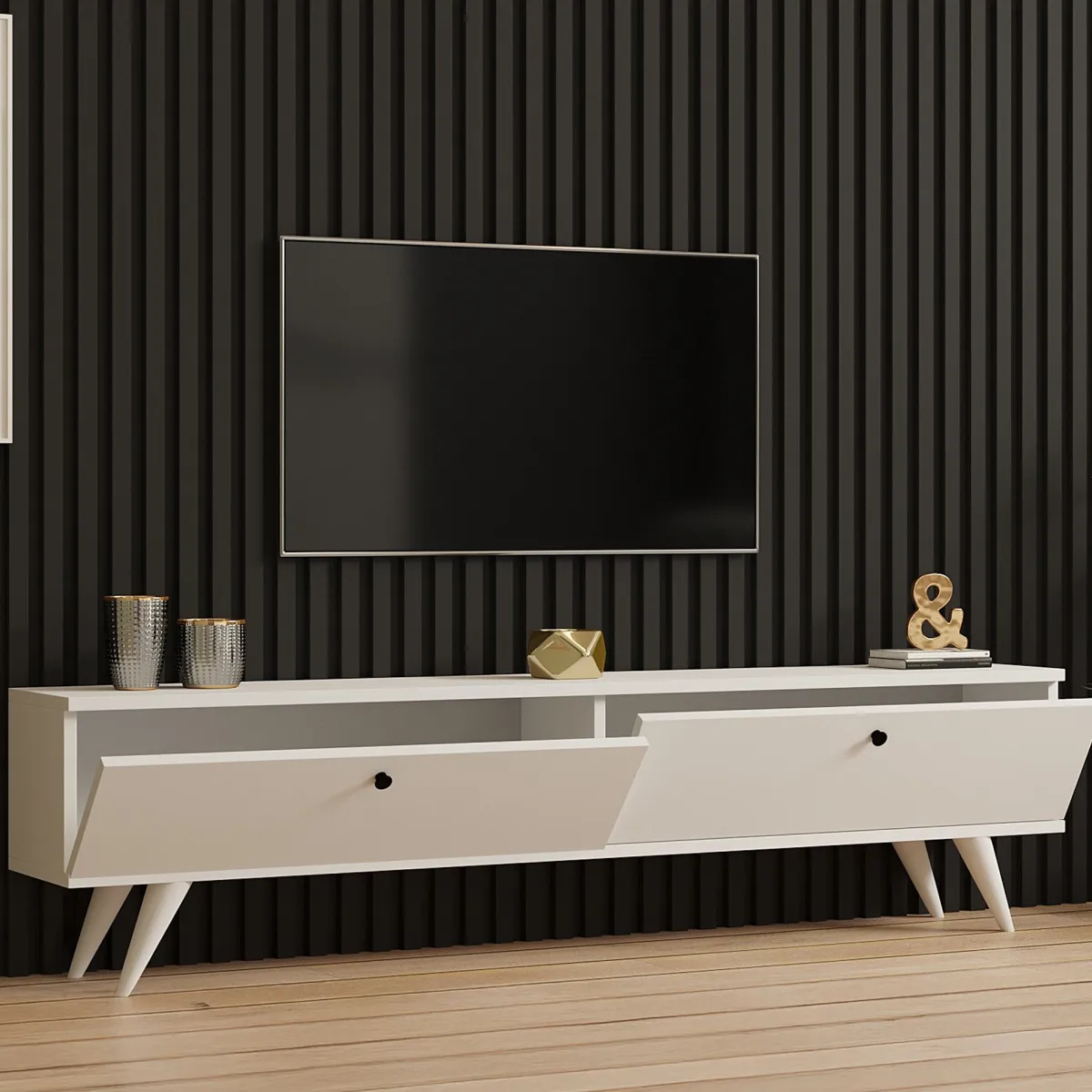 Mobili Porta Tv > Dmora Mobile Porta tv 2 Ante 2 Vani 160x25x40h cm, Apertura a Ribalta - Atestino Bianco