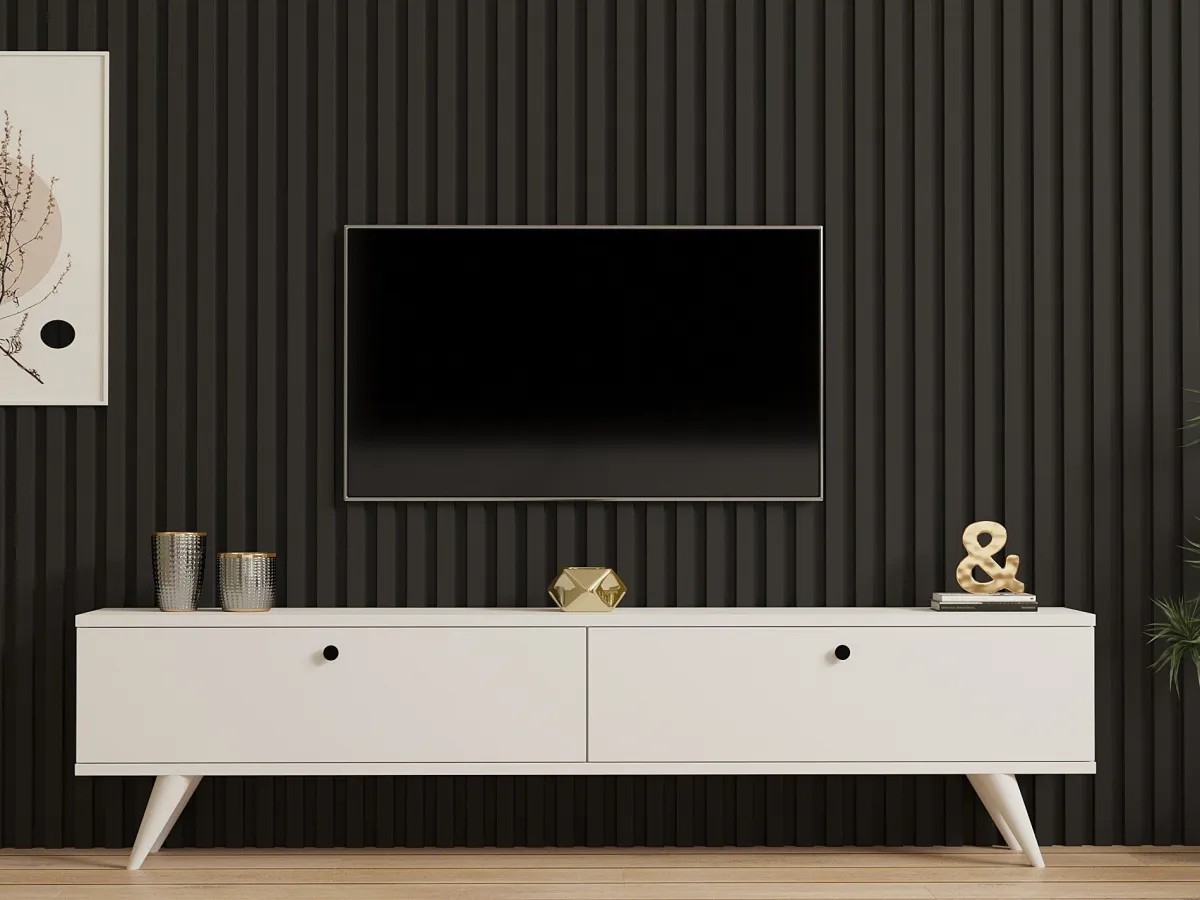 Mobili Porta Tv > Dmora Mobile Porta tv 2 Ante 2 Vani 160x25x40h cm, Apertura a Ribalta - Atestino Bianco