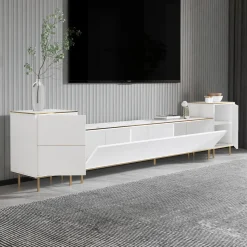 Mobili Porta Tv > Dmora Mobile Porta tv Bianco Bianco Marmo 2 Ripiani 5 Ante 180x35x45h cm, con Finiture oro - Cortin Bianco, Bianco Marmo