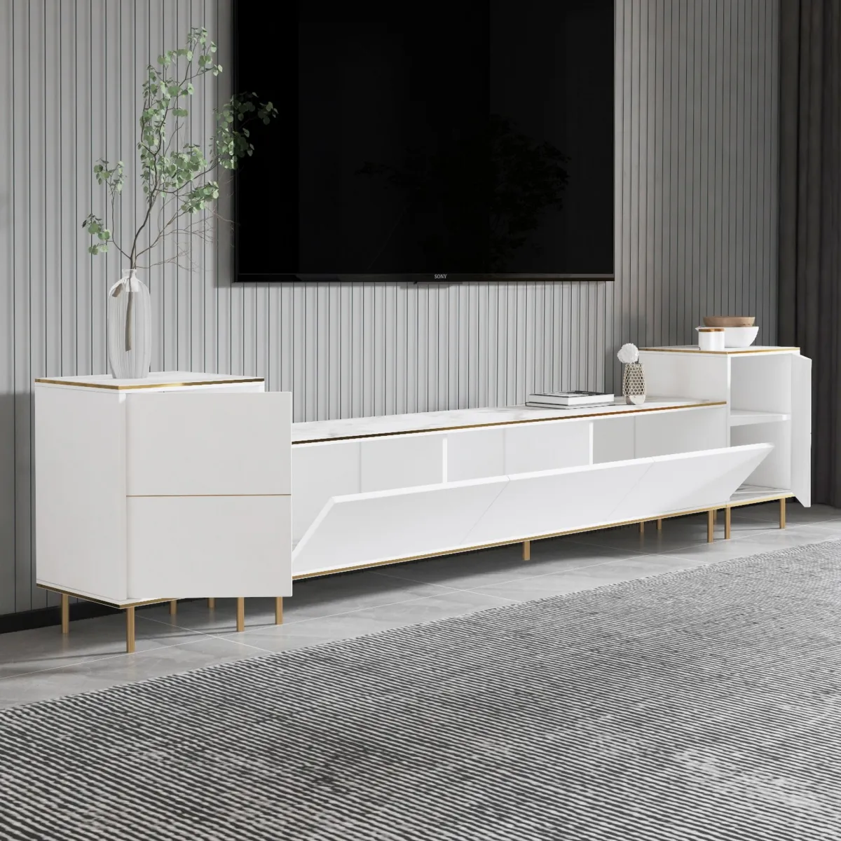 Mobili Porta Tv > Dmora Mobile Porta tv Bianco Bianco Marmo 2 Ripiani 5 Ante 180x35x45h cm, con Finiture oro - Cortin Bianco, Bianco Marmo