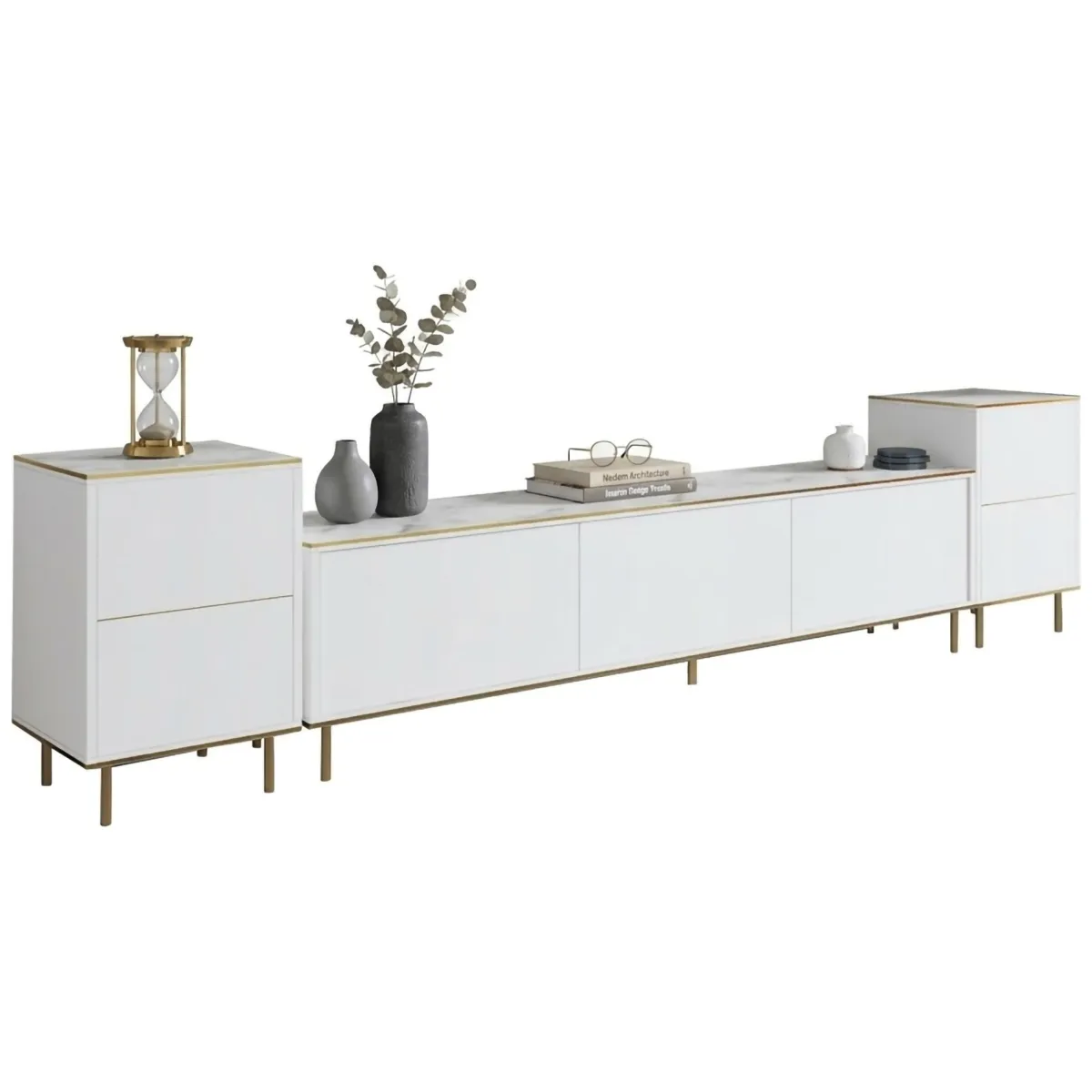 Mobili Porta Tv > Dmora Mobile Porta tv Bianco Bianco Marmo 2 Ripiani 5 Ante 180x35x45h cm, con Finiture oro - Cortin Bianco, Bianco Marmo
