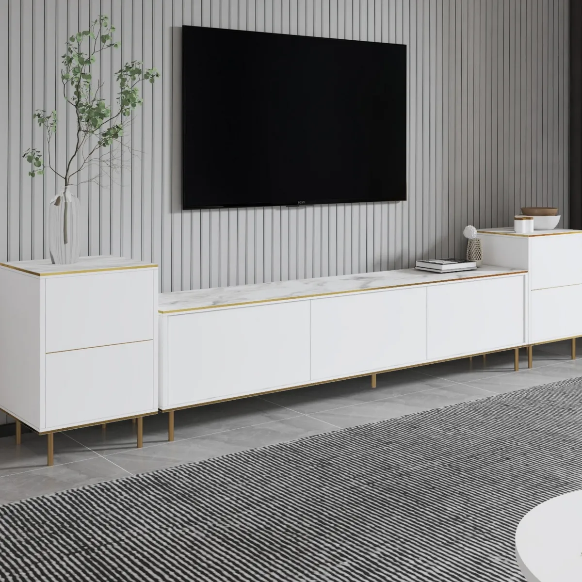 Mobili Porta Tv > Dmora Mobile Porta tv Bianco Bianco Marmo 2 Ripiani 5 Ante 180x35x45h cm, con Finiture oro - Cortin Bianco, Bianco Marmo