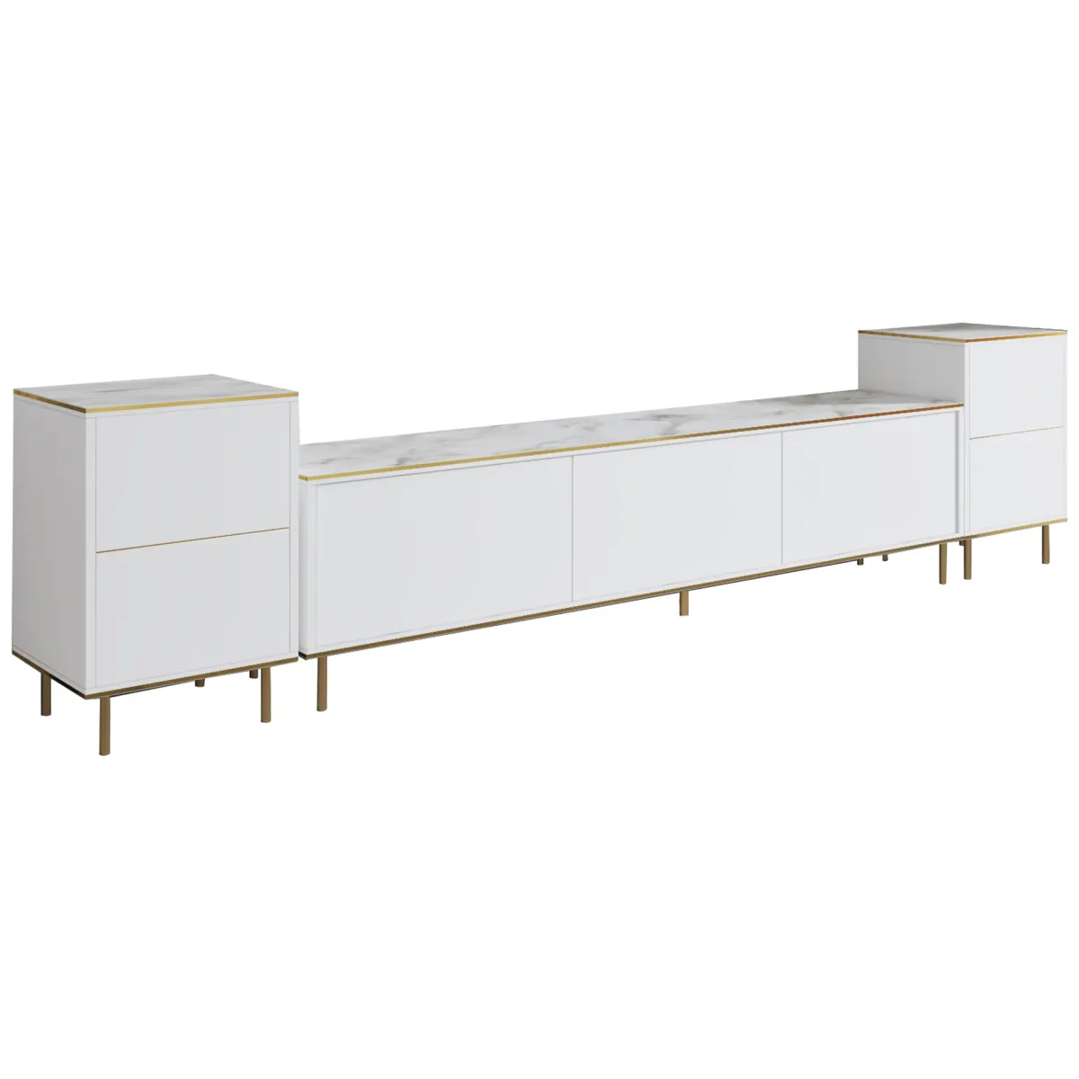 Mobili Porta Tv > Dmora Mobile Porta tv Bianco Bianco Marmo 2 Ripiani 5 Ante 180x35x45h cm, con Finiture oro - Cortin Bianco, Bianco Marmo