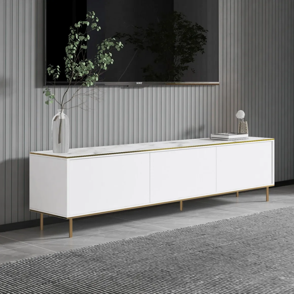 Mobile Porta tv Bianco Bianco Marmo 3 Ante con Finiture oro 180x35x45h cm, 3 Vani - Sassello