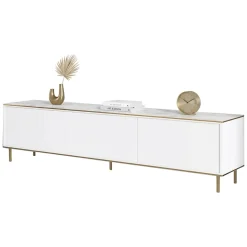 Mobile Porta tv Bianco Bianco Marmo 3 Ante con Finiture oro 180x35x45h cm, 3 Vani - Sassello