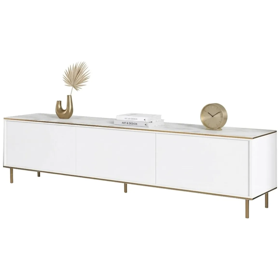 Mobile Porta tv Bianco Bianco Marmo 3 Ante con Finiture oro 180x35x45h cm, 3 Vani - Sassello