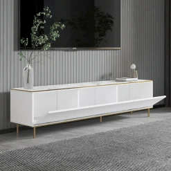 Mobile Porta tv Bianco Bianco Marmo 3 Ante con Finiture oro 180x35x45h cm, 3 Vani - Sassello