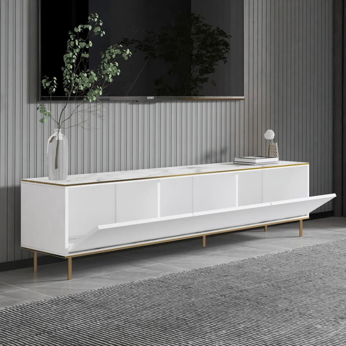 Mobile Porta tv Bianco Bianco Marmo 3 Ante con Finiture oro 180x35x45h cm, 3 Vani - Sassello