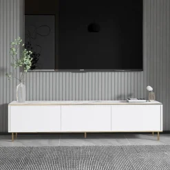 Mobile Porta tv Bianco Bianco Marmo 3 Ante con Finiture oro 180x35x45h cm, 3 Vani - Sassello