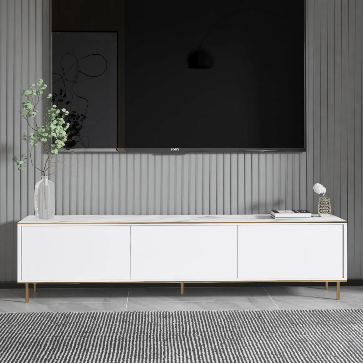Mobile Porta tv Bianco Bianco Marmo 3 Ante con Finiture oro 180x35x45h cm, 3 Vani - Sassello