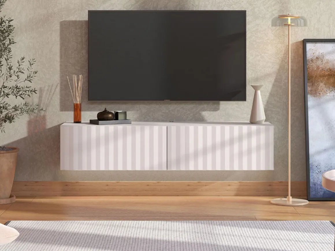 Mobili Porta Tv > Dmora Mobile Porta tv Bianco Crema Beige un Ripiano 3 Ante 192x42x32h cm, 3 Vani - Fossa Beige, Bianco Crema
