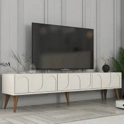 Mobili Porta Tv > Dmora Mobile Porta tv Bianco Crema Marrone Rovere 2 Ripiani 2 Ante 180x47x35h cm, 4 Vani - Cantoira Marrone Rovere, Bianco Crema