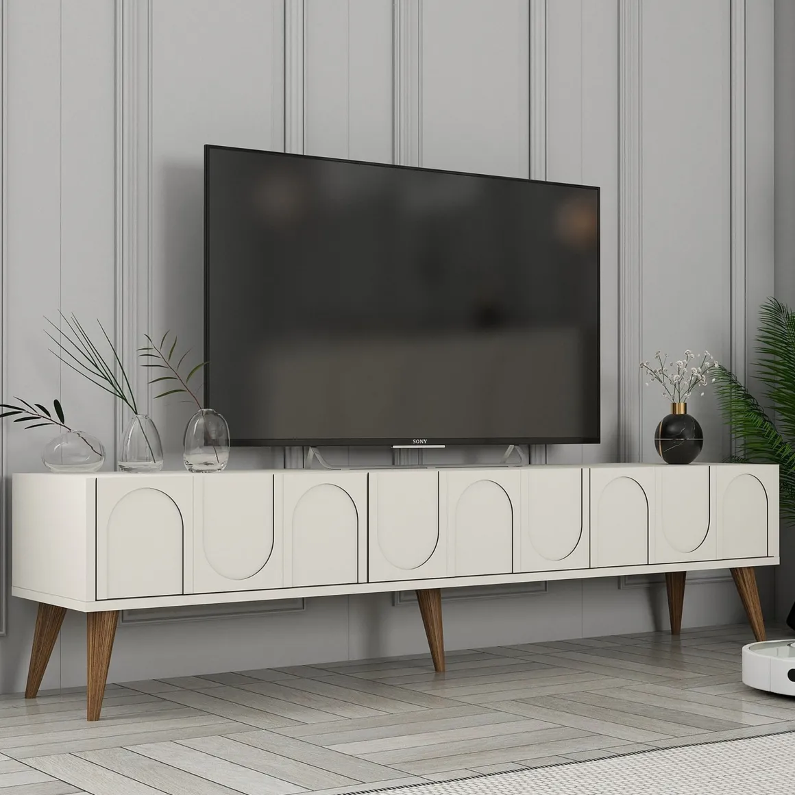 Mobili Porta Tv > Dmora Mobile Porta tv Bianco Crema Marrone Rovere 2 Ripiani 2 Ante 180x47x35h cm, 4 Vani - Cantoira Marrone Rovere, Bianco Crema