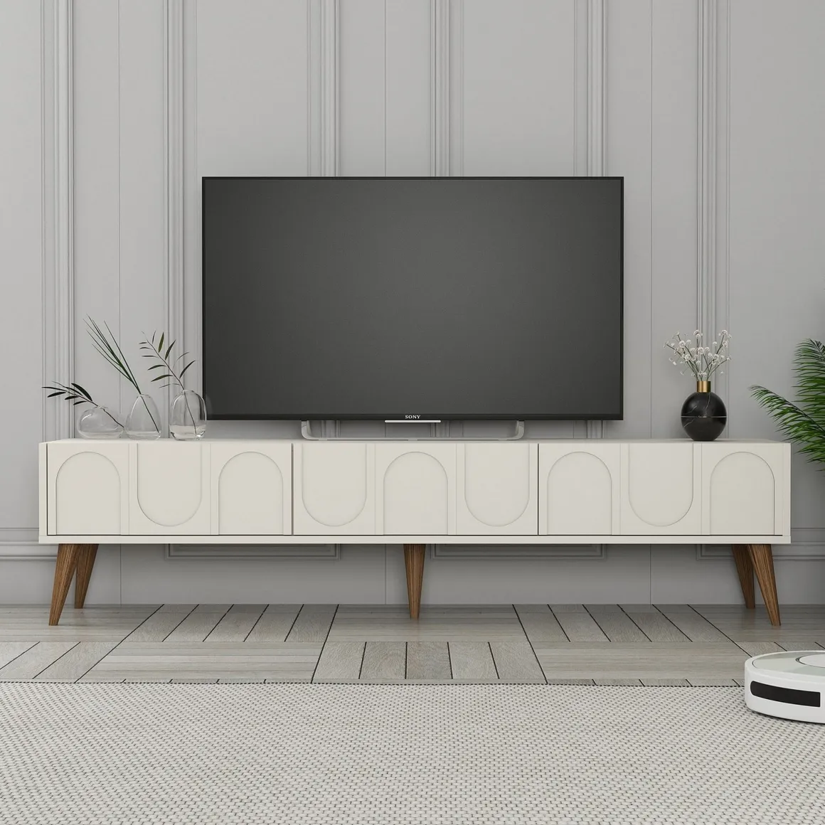 Mobili Porta Tv > Dmora Mobile Porta tv Bianco Crema Marrone Rovere 2 Ripiani 2 Ante 180x47x35h cm, 4 Vani - Cantoira Marrone Rovere, Bianco Crema