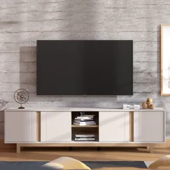 Mobile Porta tv Bianco Crema Marrone Rovere 2 Ripiani 4 Ante 202x40x54h cm, con Piedini - Capaci
