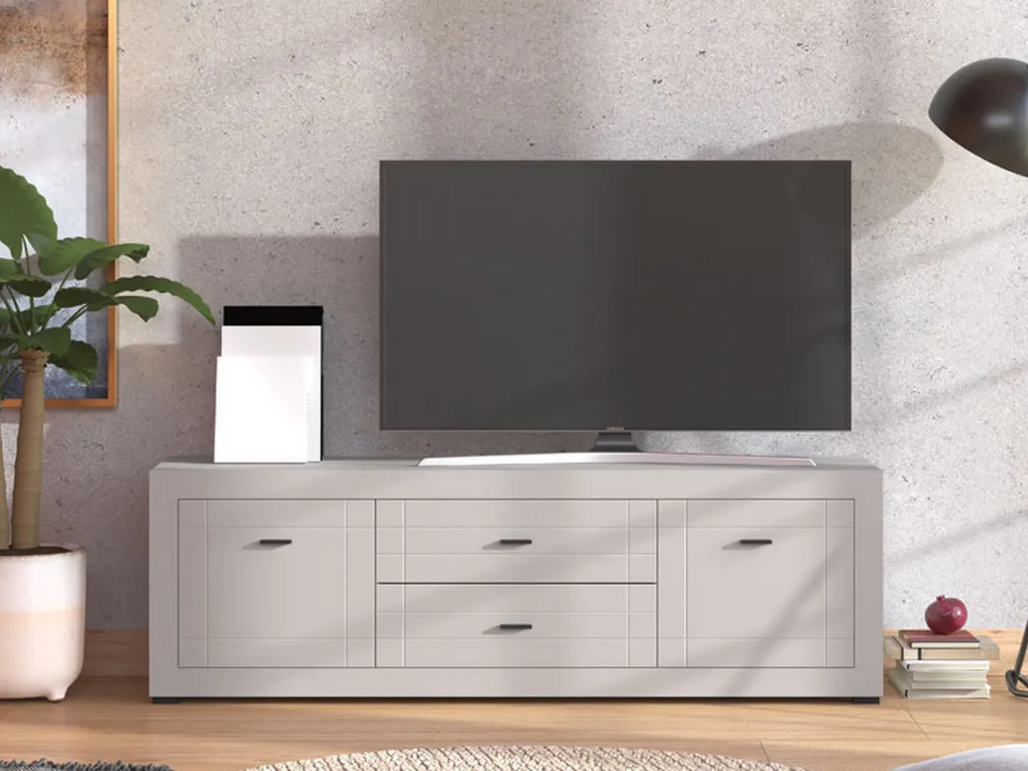 Mobile Porta tv Bianco Crema Nero 2 Cassetti un Ripiano 166.5x41.5x53.5h cm, Apertura Battente, Scorrevole - Nalles