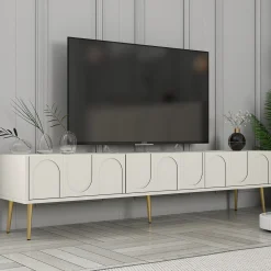 Mobili Porta Tv > Dmora Mobile Porta tv Bianco Crema oro 3 Ante Apertura a Ribalta 180x35x43h cm, 3 Vani - Marnate Oro, Bianco Crema