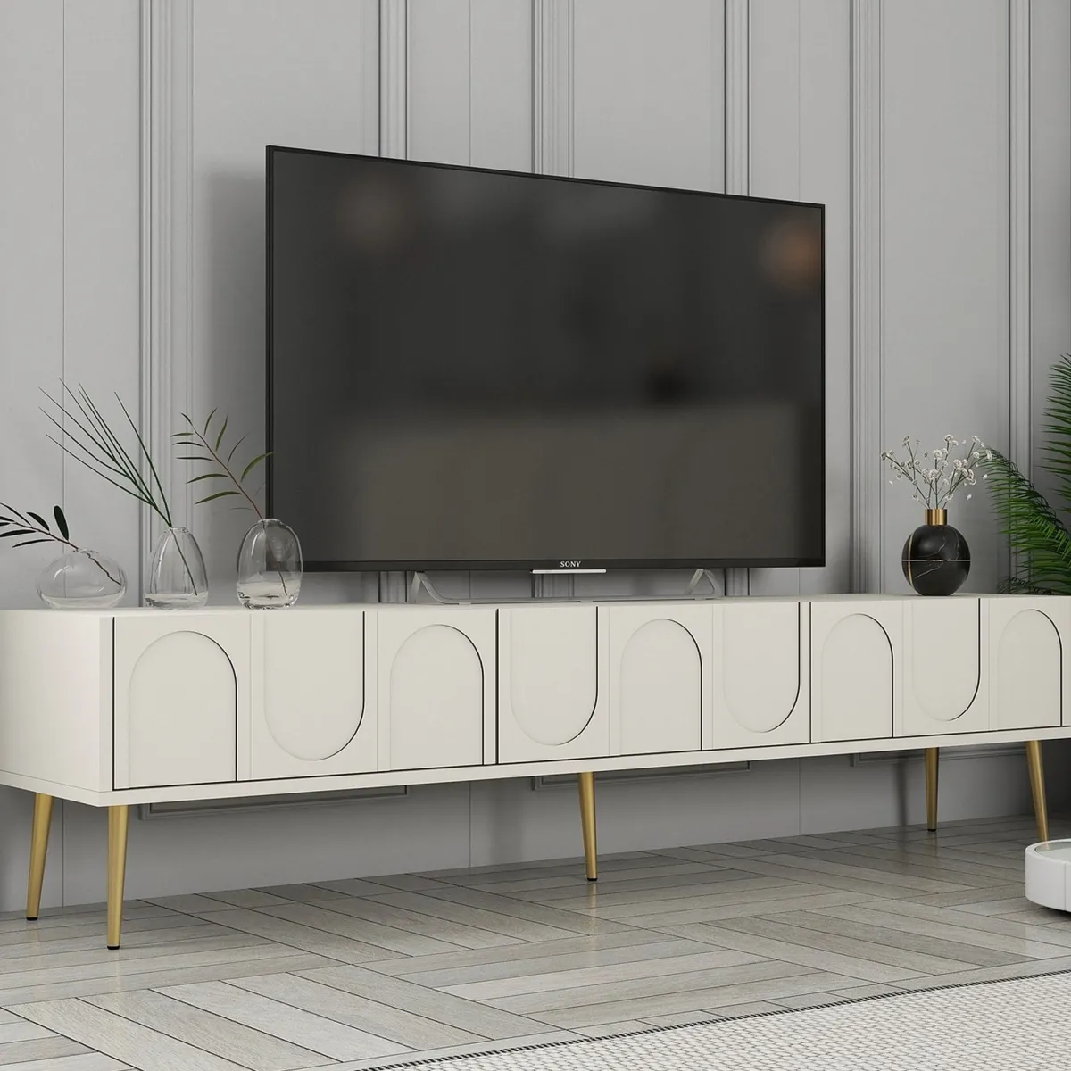 Mobili Porta Tv > Dmora Mobile Porta tv Bianco Crema oro 3 Ante Apertura a Ribalta 180x35x43h cm, 3 Vani - Marnate Oro, Bianco Crema