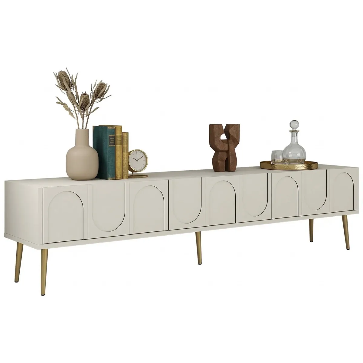 Mobili Porta Tv > Dmora Mobile Porta tv Bianco Crema oro 3 Ante Apertura a Ribalta 180x35x43h cm, 3 Vani - Marnate Oro, Bianco Crema