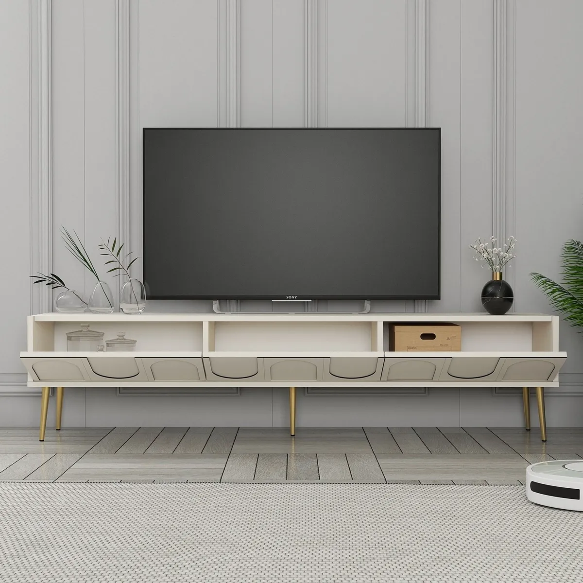 Mobili Porta Tv > Dmora Mobile Porta tv Bianco Crema oro 3 Ante Apertura a Ribalta 180x35x43h cm, 3 Vani - Marnate Oro, Bianco Crema