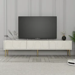 Mobili Porta Tv > Dmora Mobile Porta tv Bianco Crema oro 3 Ante Apertura a Ribalta 180x35x43h cm, 3 Vani - Marnate Oro, Bianco Crema