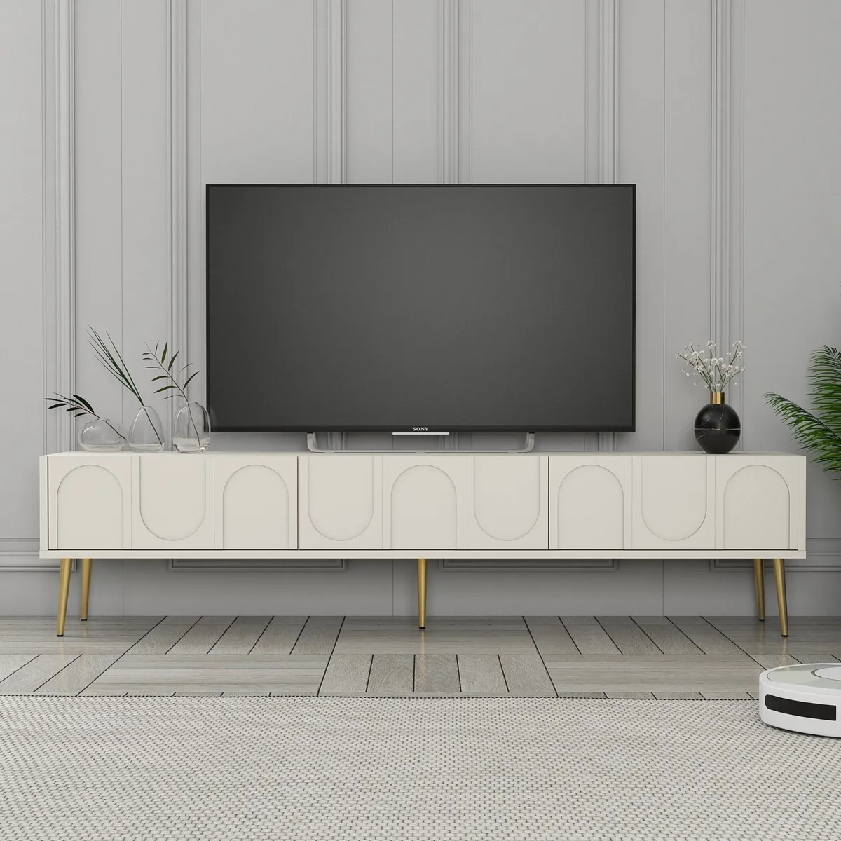 Mobili Porta Tv > Dmora Mobile Porta tv Bianco Crema oro 3 Ante Apertura a Ribalta 180x35x43h cm, 3 Vani - Marnate Oro, Bianco Crema