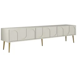 Mobili Porta Tv > Dmora Mobile Porta tv Bianco Crema oro 3 Ante Apertura a Ribalta 180x35x43h cm, 3 Vani - Marnate Oro, Bianco Crema