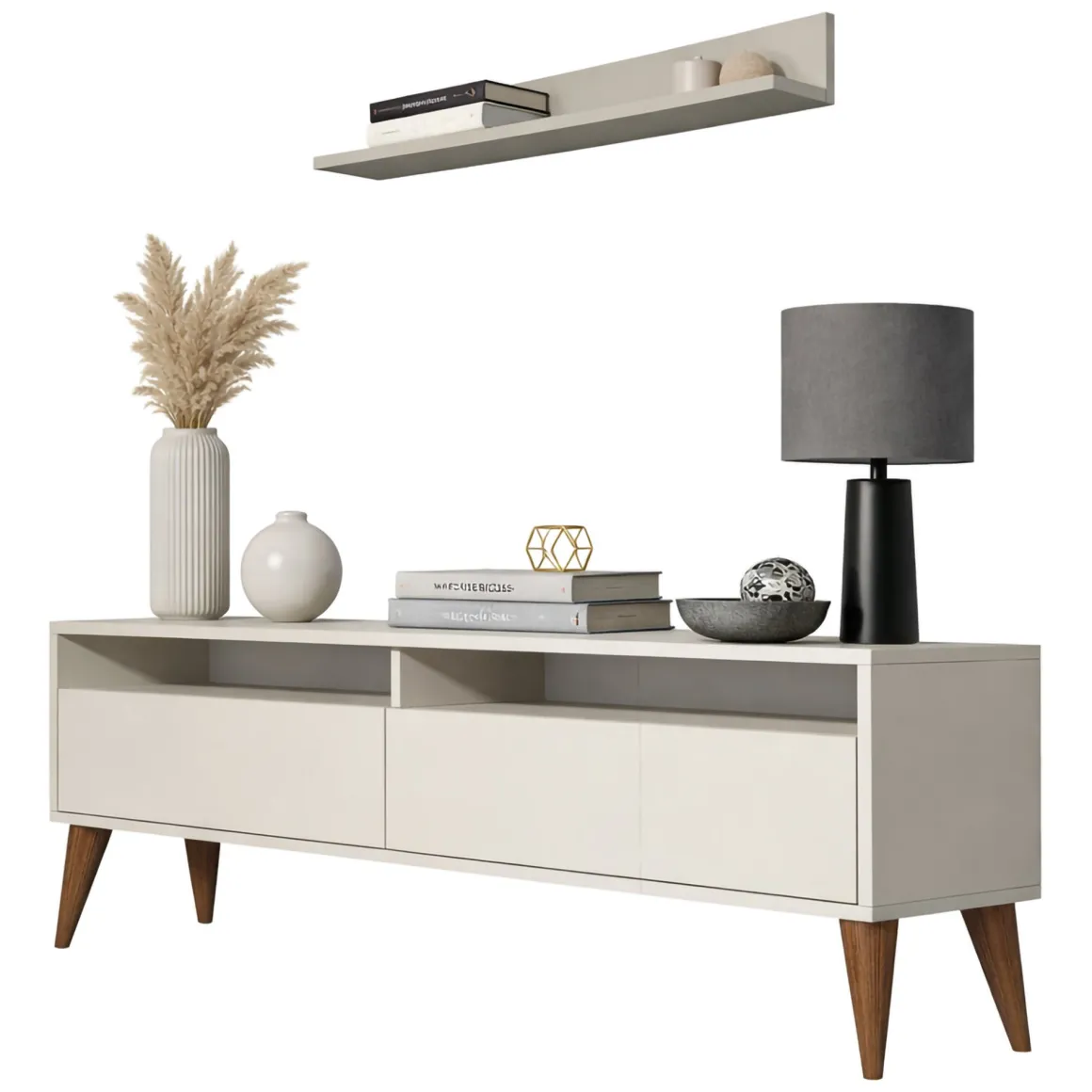 Mobile Porta tv Bianco Crema 3 Ripiani Apertura a Ribalta 150x30x50h cm, 2 Ante - Maglie