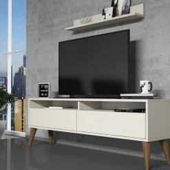 Mobile Porta tv Bianco Crema 3 Ripiani Apertura a Ribalta 150x30x50h cm, 2 Ante - Maglie