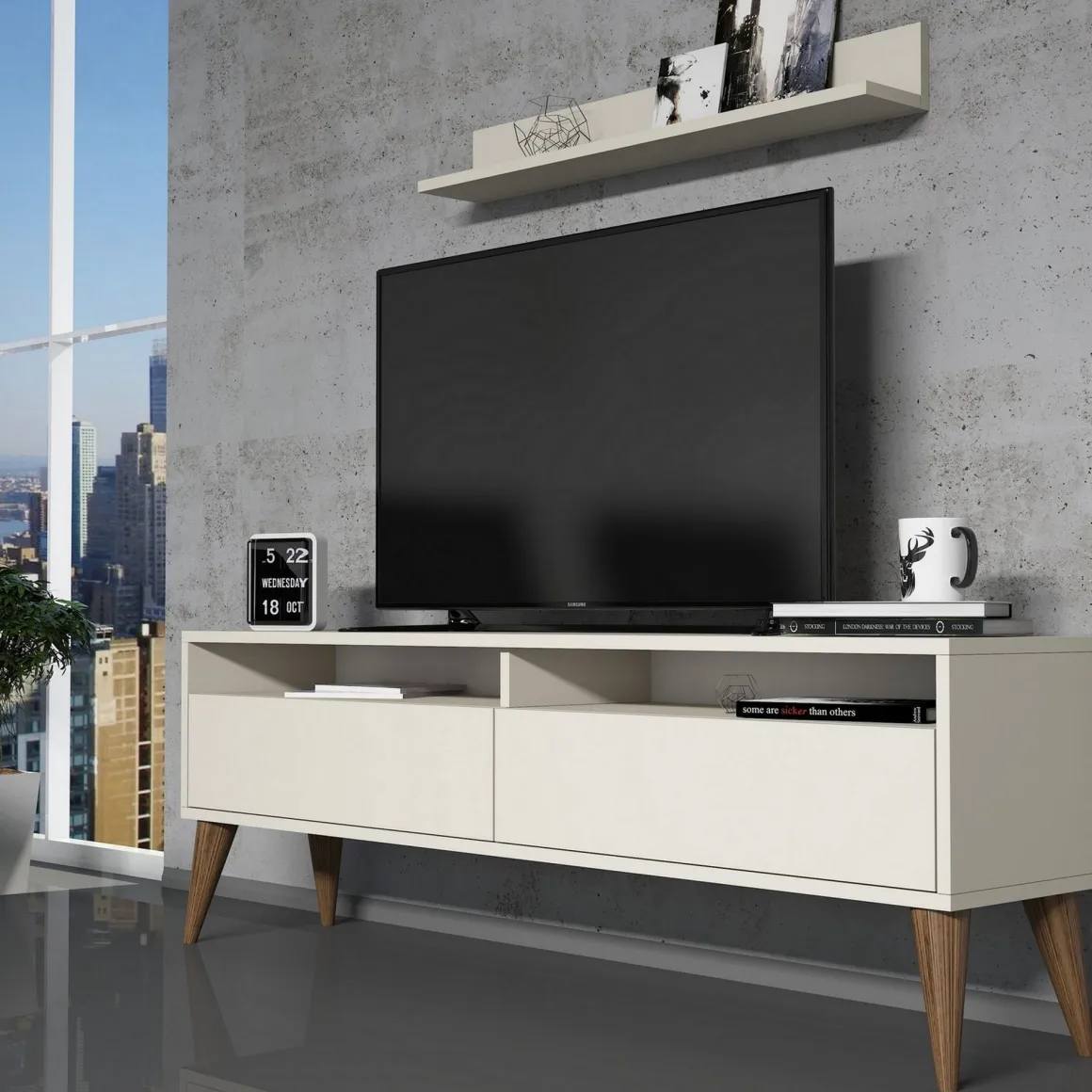 Mobile Porta tv Bianco Crema 3 Ripiani Apertura a Ribalta 150x30x50h cm, 2 Ante - Maglie