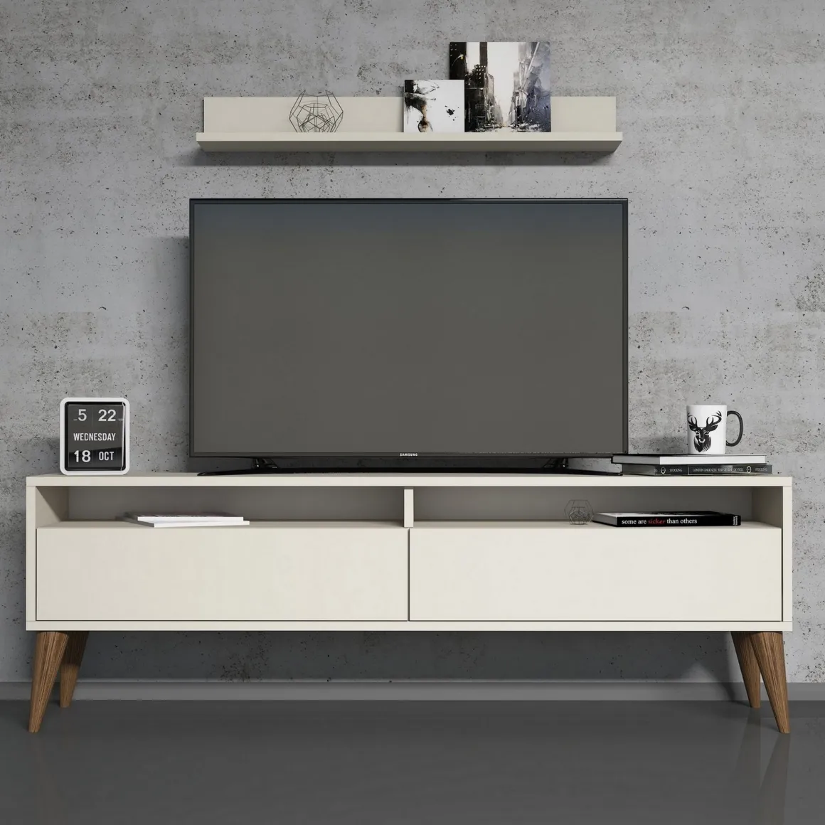 Mobile Porta tv Bianco Crema 3 Ripiani Apertura a Ribalta 150x30x50h cm, 2 Ante - Maglie