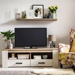 Mobile Porta tv Bianco Larice Marrone Rovere 2 Cassetti 3 Ripiani 151.5x43.5x49.5h cm, 2 Vani - Scorze